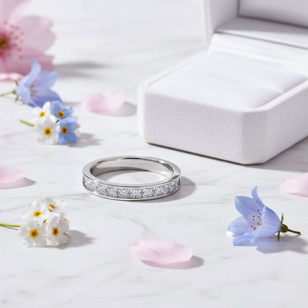 Modern Italian Pave 0.5 Carat Moissanite Diamond Ring set in 18K White Gold Plated 925 Silver (GRA)