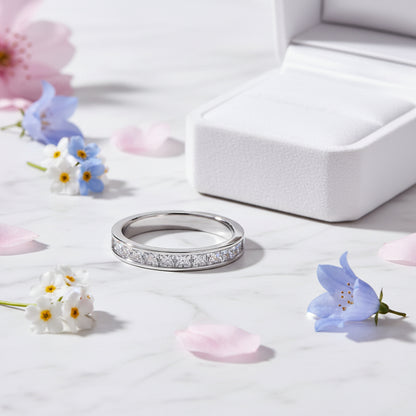 Modern Italian Pave 0.5 Carat Moissanite Eternity Ring set in 18K White Gold Plated 925 Silver (GRA) Capella Jewellery