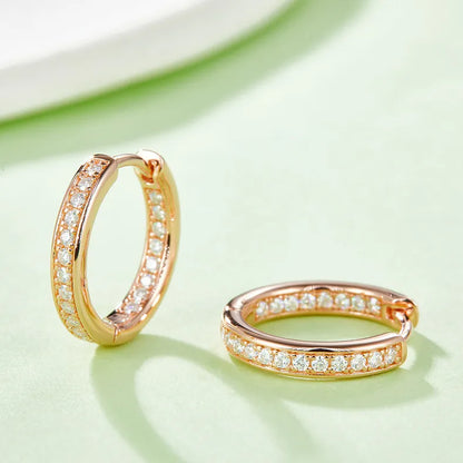 Linear Row European Inspired Hoop Micro Moissanite Earrings set in 18K Gold Plated 925 Silver Capella Reya gold close up