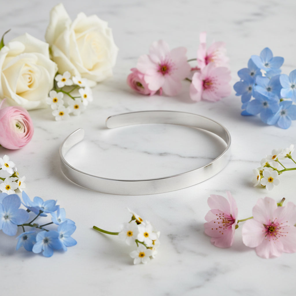 Pure Silver Wide Face Bangle set in 18K White Gold Plated Premium S925 Sterling Silver