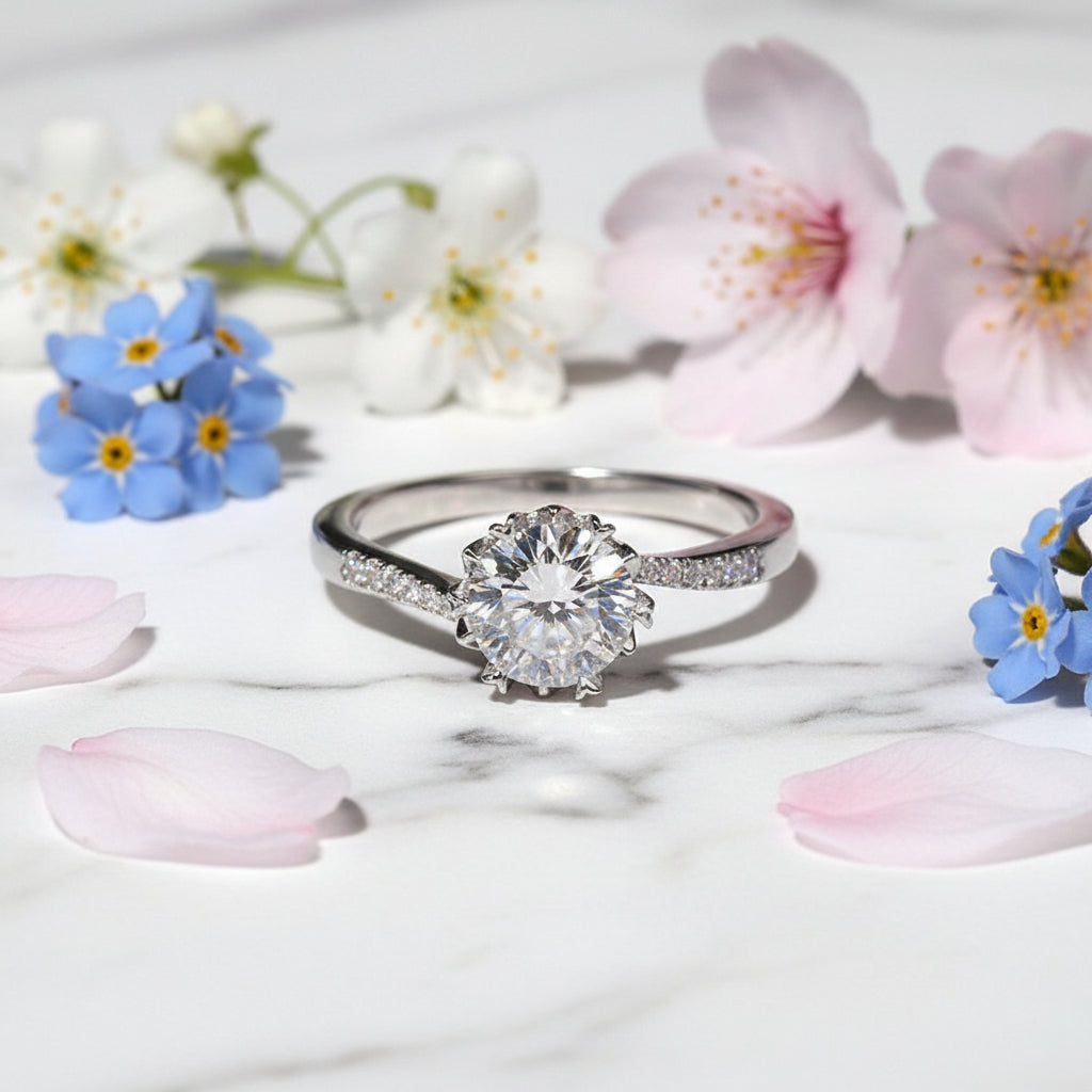Snowflake Solitaire 2 Carat Moissanite Diamond Ring set in Platinum plated 925 Silver (GRA)