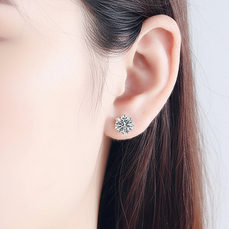 European Snowflake Design 2 Carat Moissanite Diamond Earrings set in 925 Silver (GRA)