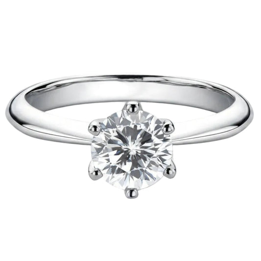 European Inspired Six-Claw Solitaire Ring 1 Carat Moissanite Diamond in 18K White Gold Plated 925 Silver