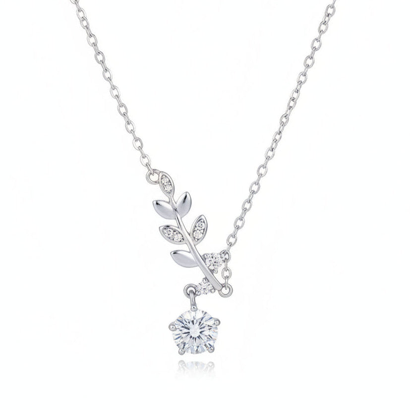 Italian Olive Branch 1 Carat Moissanite Diamond Necklace set in Platinum Plated 925 Silver (GRA)