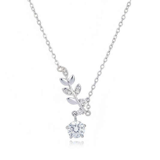 Italian Olive Branch 1 Carat Moissanite Diamond Necklace set in Platinum Plated 925 Silver (GRA)