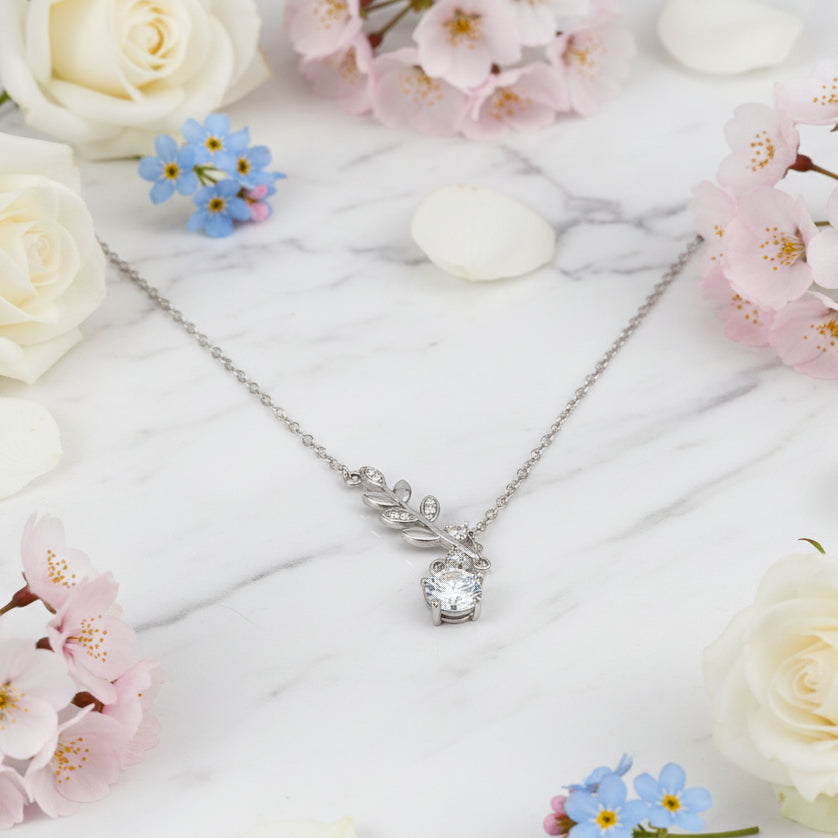 Italian Olive Branch 1 Carat Moissanite Diamond Necklace set in Platinum Plated 925 Silver (GRA)