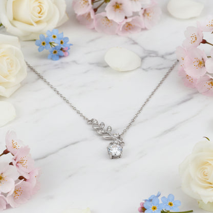 Italian Olive Branch 1 Carat Moissanite Necklace set in Platinum Plated 925 Silver (GRA) Capella Jewellery