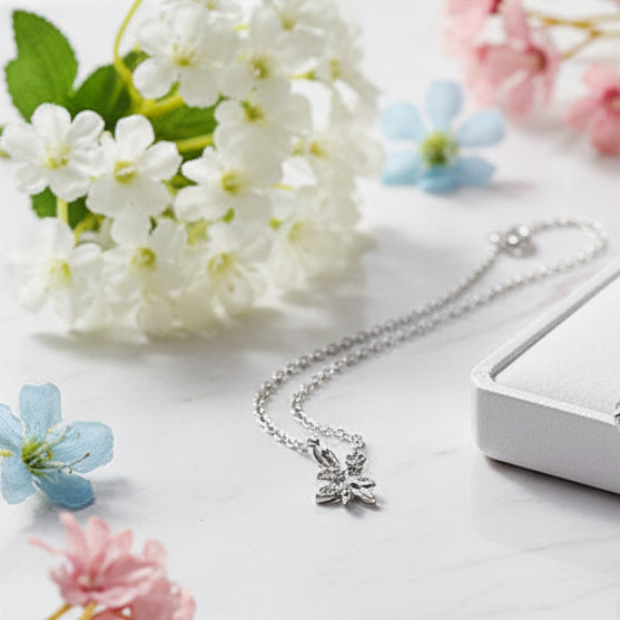 Italian Olive Branch 1 Carat Moissanite Diamond Necklace set in Platinum Plated 925 Silver (GRA)