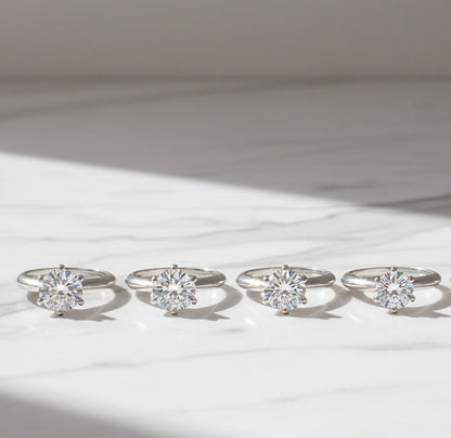 French Inspired Six-Claw Solitaire Ring 2 Carat Moissanite set in 18K White Gold Plated 925 Silver (GRA) Capella Jewellery