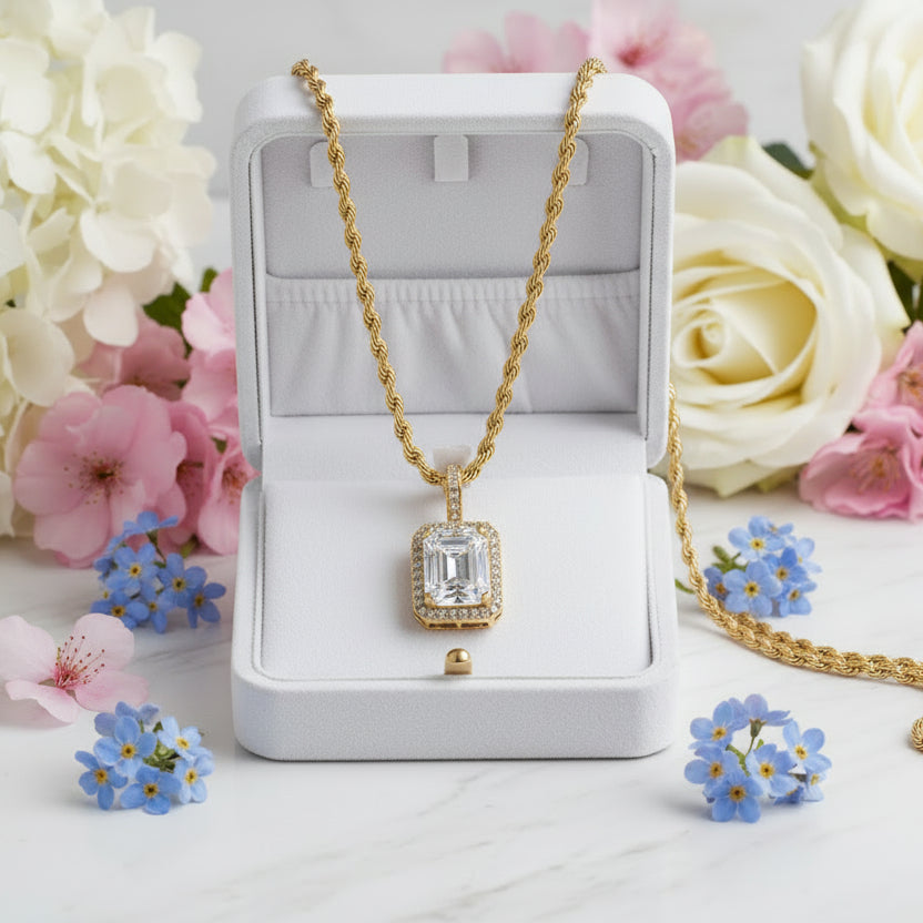 European Design Natural Zircon Gemstone Pendant set in set in 18K Gold Plating Clavicle Chain