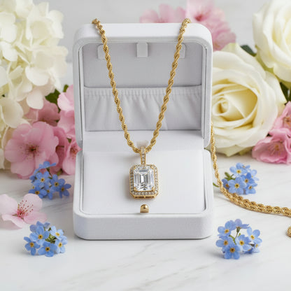 European Vintage Emerald Cut Natural Zircon Gemstone Pendant set in 18K Gold Plated Clavicle Necklace Capella Jewellery