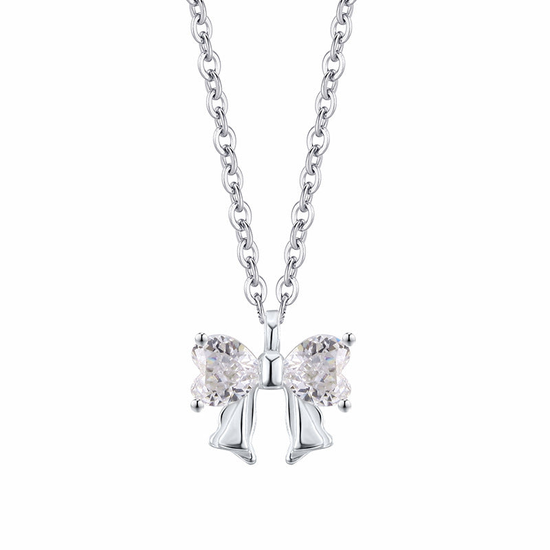 Princess Bow Micro Natural Zircon Gemstone Pendant Necklace set in Pure 999 Silver