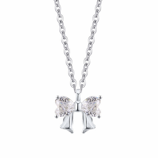 European Princess Bow Micro Natural Zircon Gemstone Pendant Necklace set in Pure 999 Silver