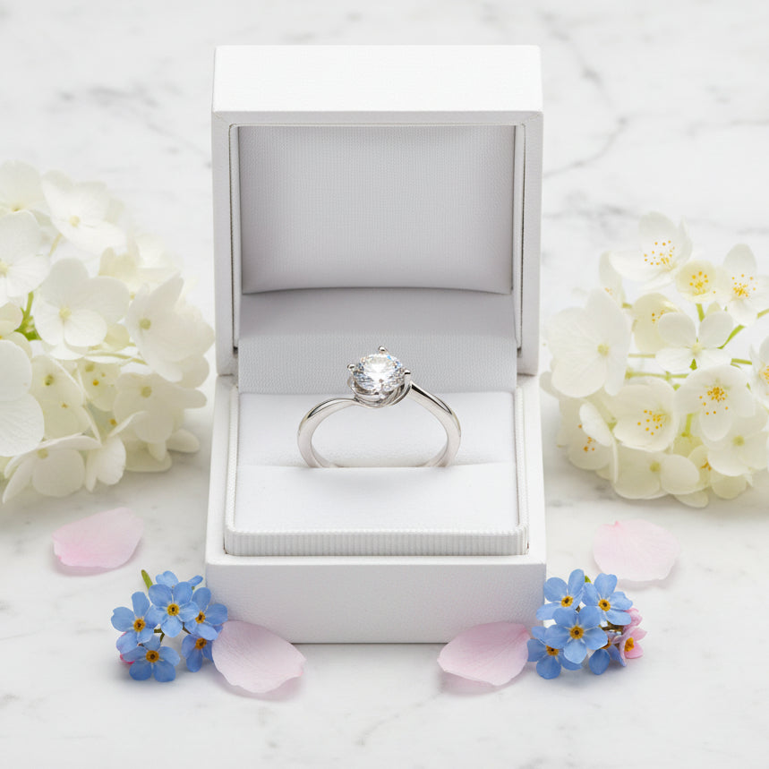 Italian Solitaire Twist Design 1 Carat Moissanite Ring set in 18K White Gold Plated 925 Silver (GRA)