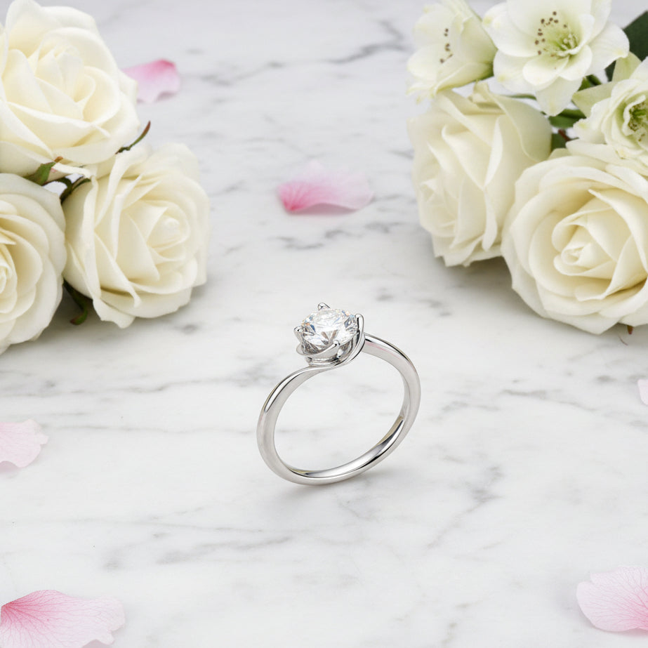 Italian Solitaire Twist Design 1 Carat Moissanite Ring set in 18K White Gold Plated 925 Silver (GRA)