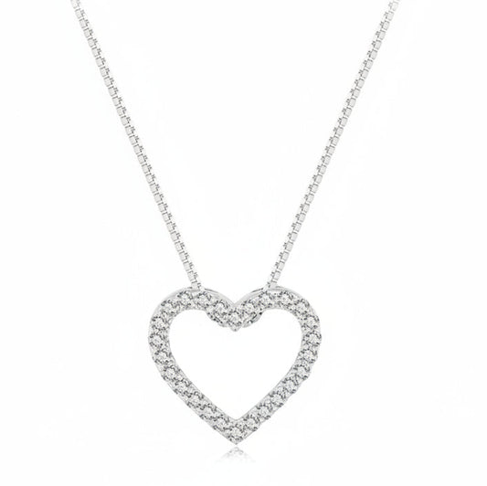 Classic French Heart Pave Inlaid Moissanite Diamond Pendant set in Platinum Plated 925 Silver