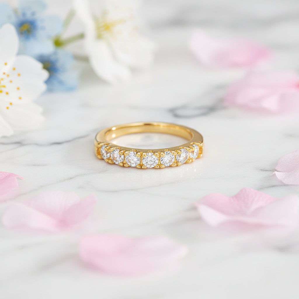 French Seven Stars Pavé 0.7 Carat Moissanite Diamond Ring set in 18K Gold Plated 925 Silver