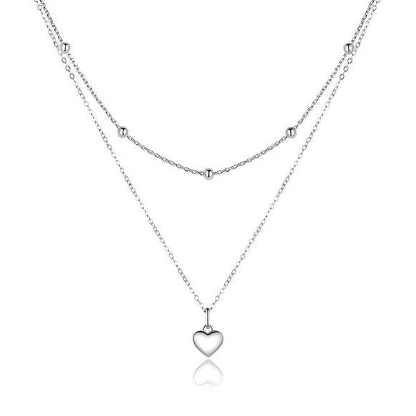 Silver Heart Twin Layer Necklace set in 18K White Gold Plated 925 Sterling Silver