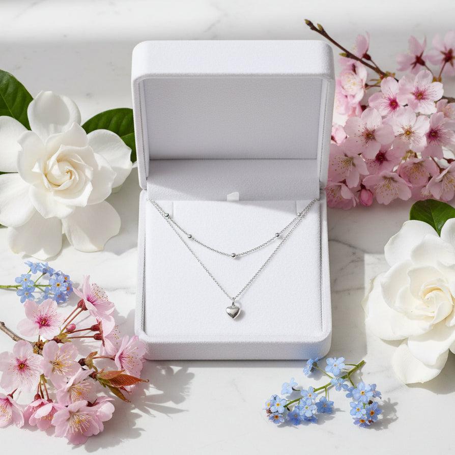 Silver Heart Twin Layer Necklace set in 18K White Gold Plated 925 Sterling Silver