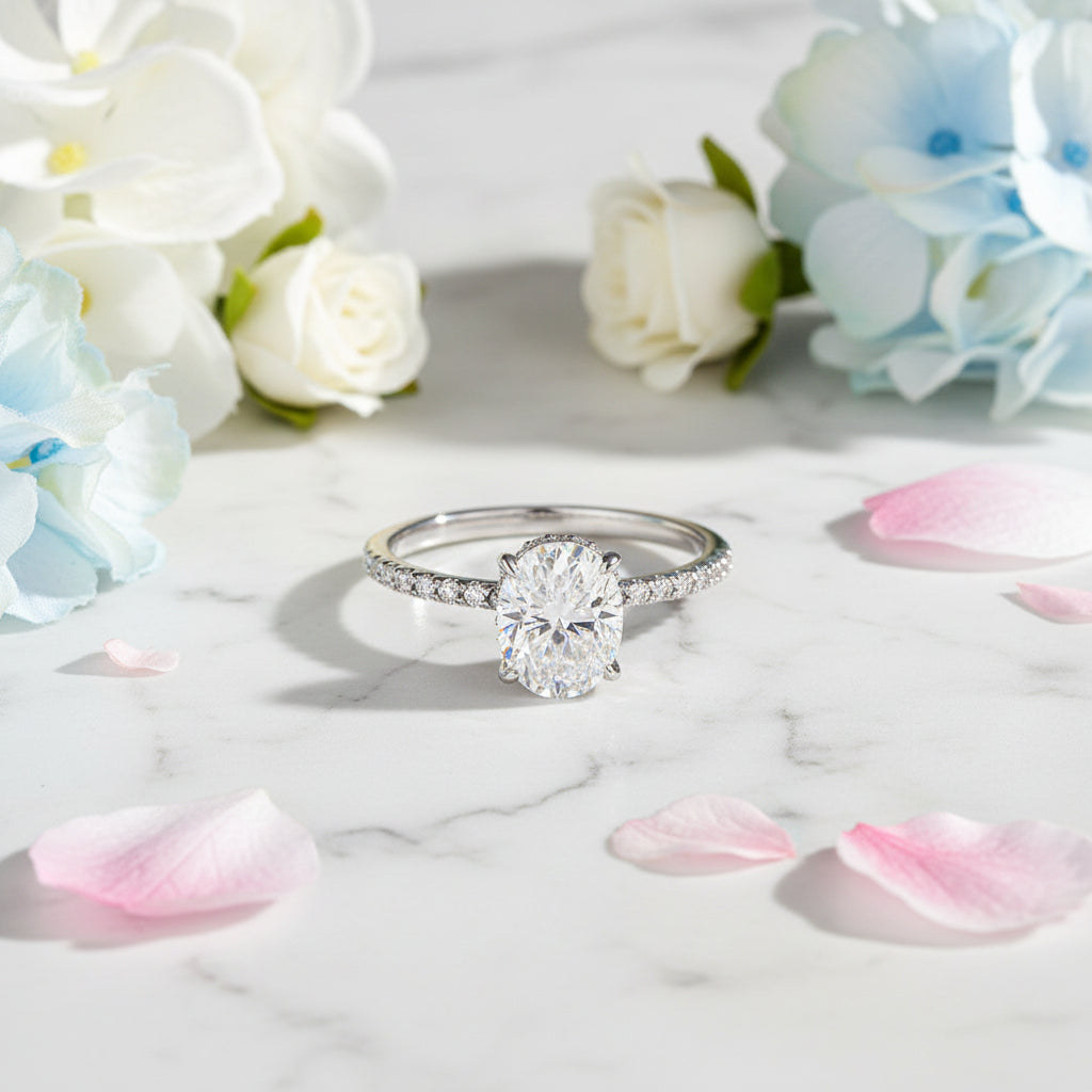 Classic European Oval Cut 3 Carat Moissanite Diamond Ring set in Platinum Plated 925 Silver (GRA)