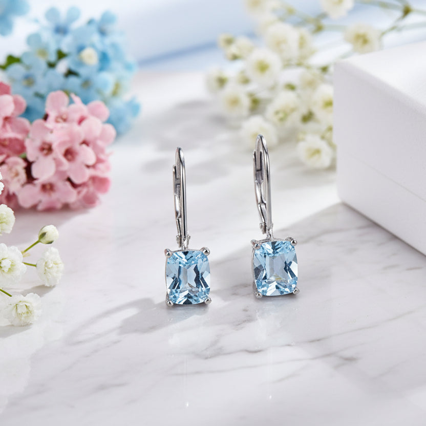 Lady Blue Natural Topaz Gemstone Pendant Earrings set in 18K White Gold Plated 925  Silver