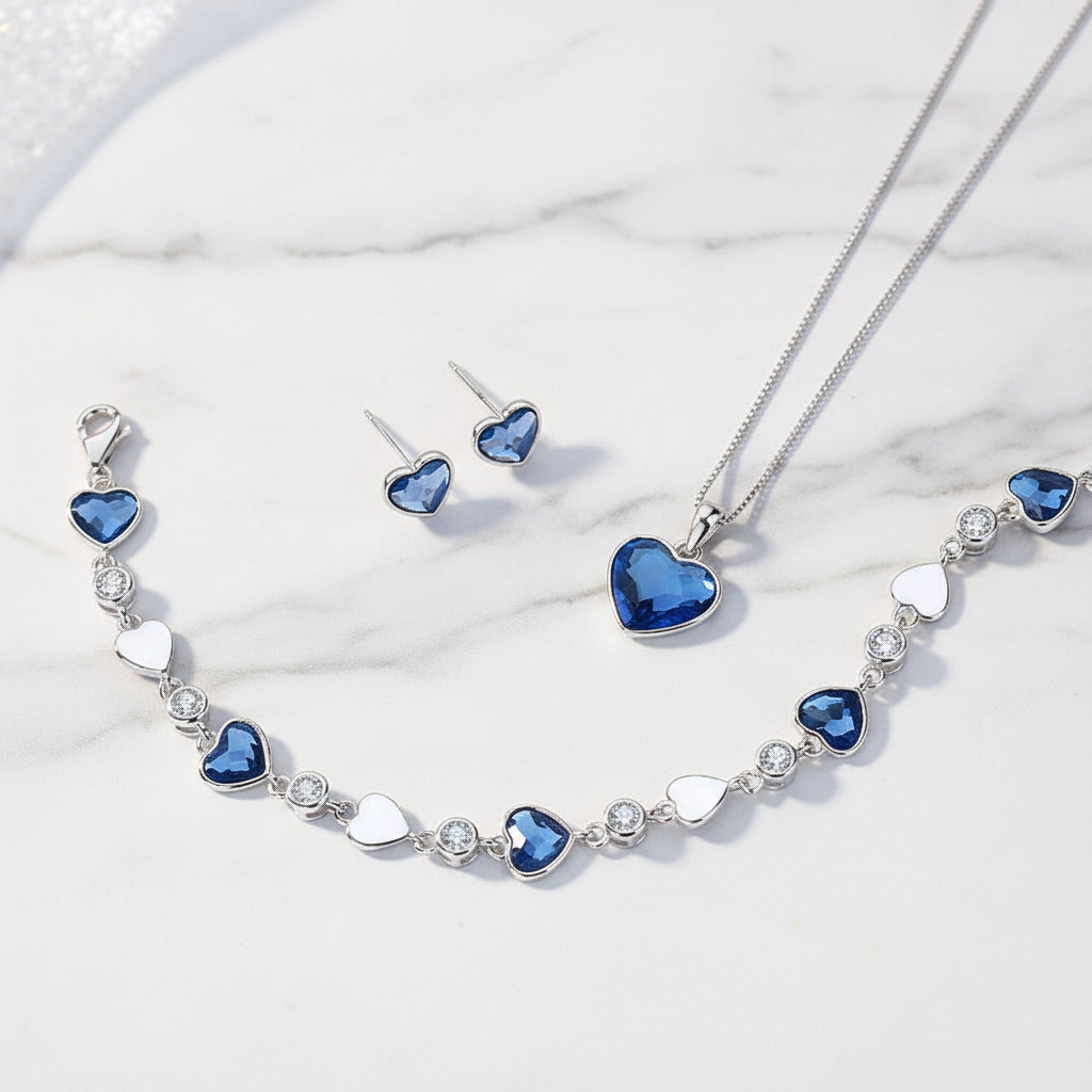 Dark Blue Heart Shaped Natural Zircon Crystal Necklace / Bracelet / Earrings set in 925 Silver