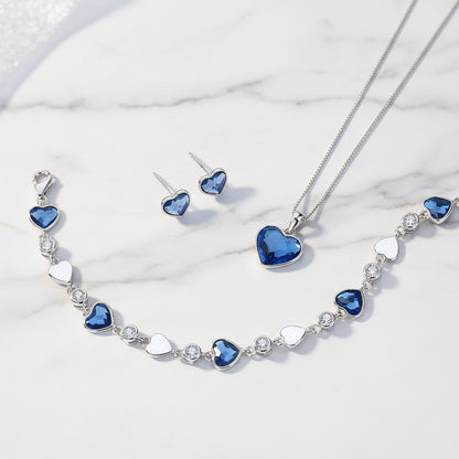 Dark Blue Heart Natural Zircon Crystal Necklace/Bracelet/Earrings set in 18K White Gold Plated 925 Silver Capella Jewellery