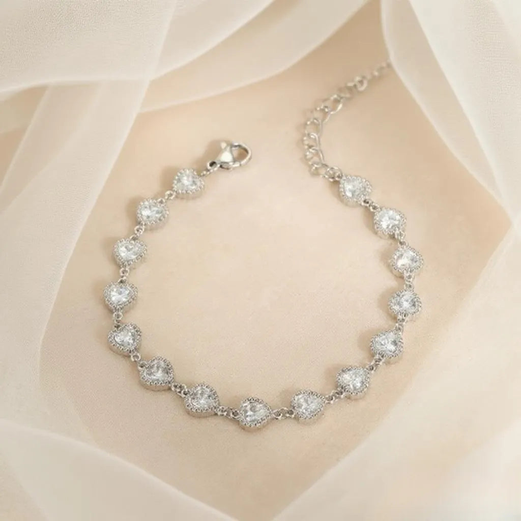 Elegant Italian Hearts Natural Zircon Gemstone Charm Bracelet set in 18K White Gold plating Capella Jewellery