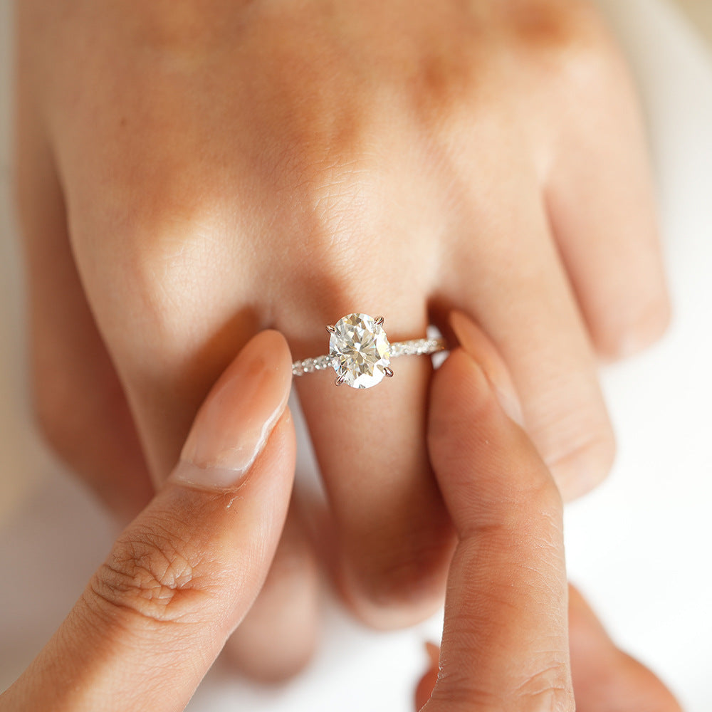 Classic European Oval Cut 3 Carat Moissanite Diamond Ring set in Platinum Plated 925 Silver (GRA)