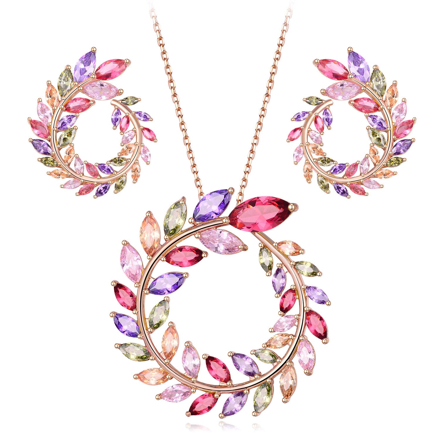 18K Real Gold Handcrafted Inlaid Colorful Garland Shape Necklace and Earrings