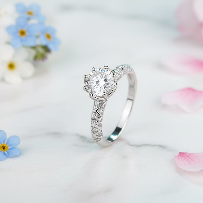 Japanese Solitaire 1 Carat Moissanite Diamond Ring set in 18K White Gold Plated 925 Silver (GRA)