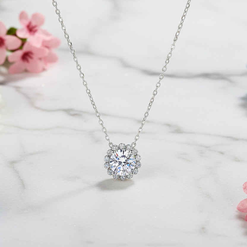Sunshine Halo Pendant 1 Carat Moissanite Diamond Necklace set in 925 Silver