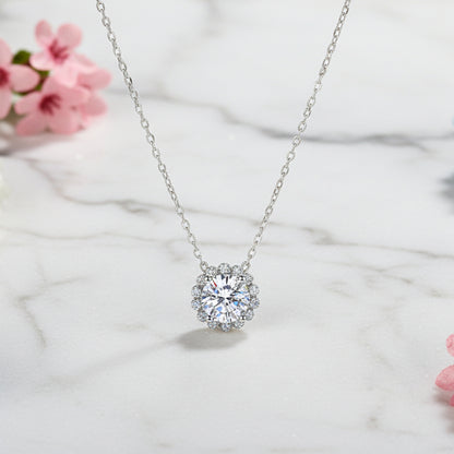 Italian Sunshine Halo Pendant 1 Carat Moissanite Necklace set in Platinum Plated 925 Silver (GRA) Capella Jewellery