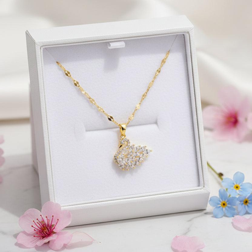 Luxury Swan Motif Inlaid Natural Zircon Gemstone Pendant set in 18K Gold Plating Necklace Capella Jewellery
