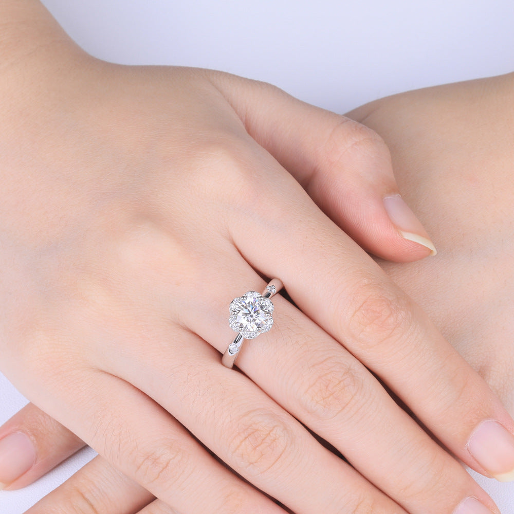 Classic French Flower 1 Carat Moissanite Diamond Ring set in Platinum Plated 925 Silver (GRA)