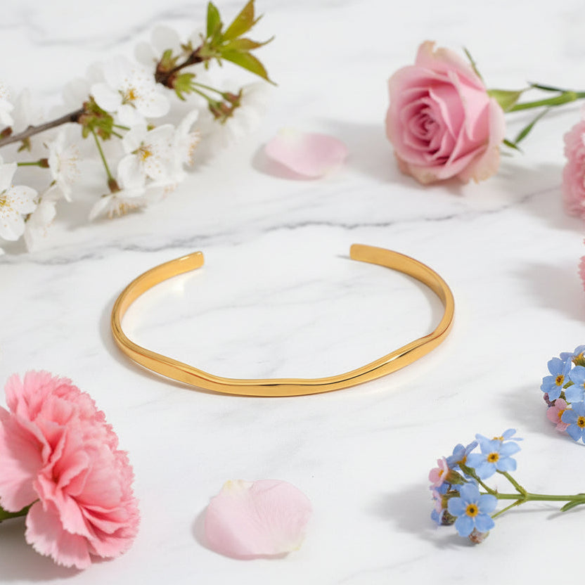 French Chic Designed Twin Wave Open-Ended Bangle Bracelet set in 18K Gold Plating