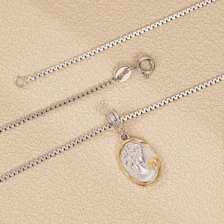 French Designed Queen Elizabeth Portrait Pendant set in Platinum Plated 925 Silver Necklace