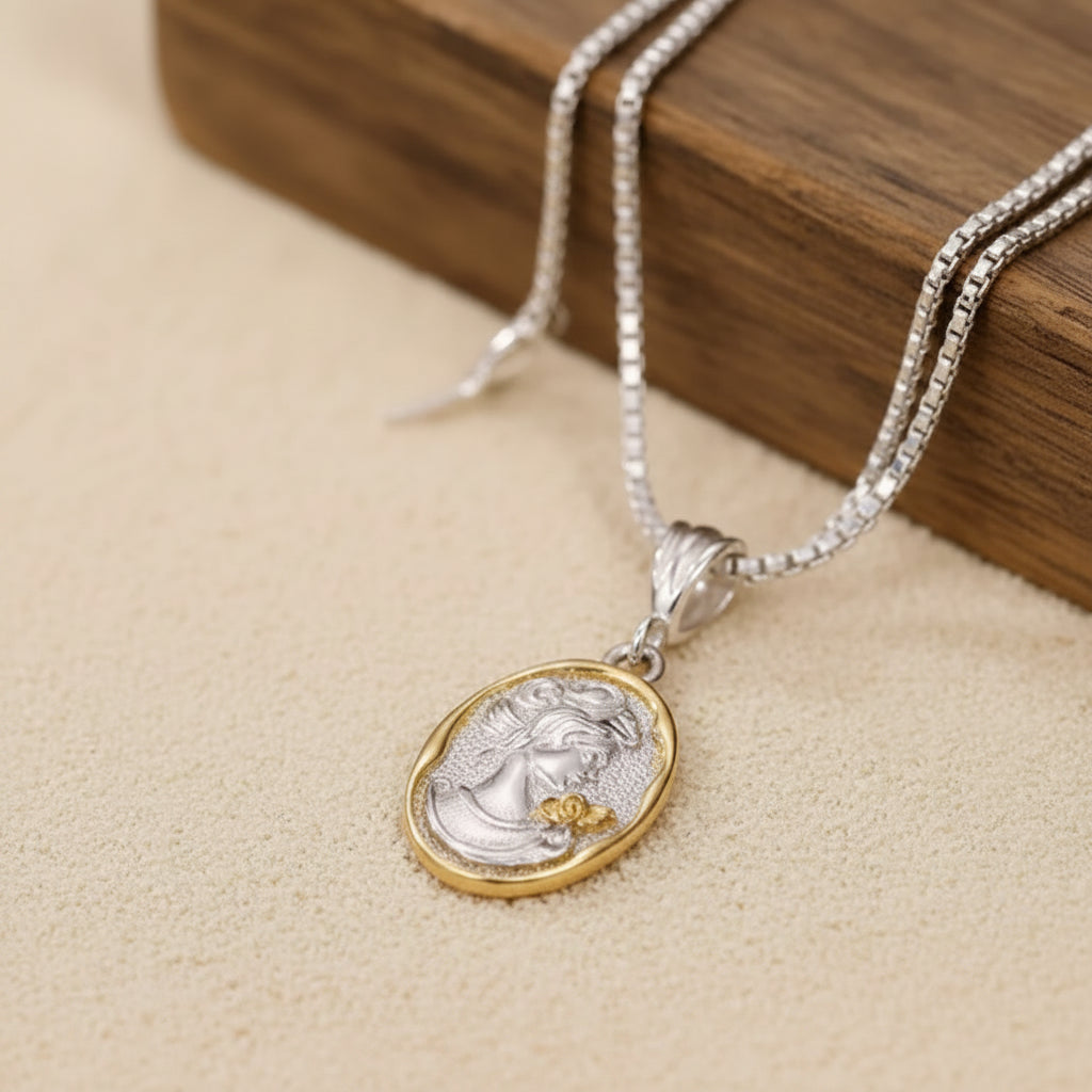 French Designed Queen Elizabeth Portrait Pendant set in Platinum Plated 925 Silver Necklace