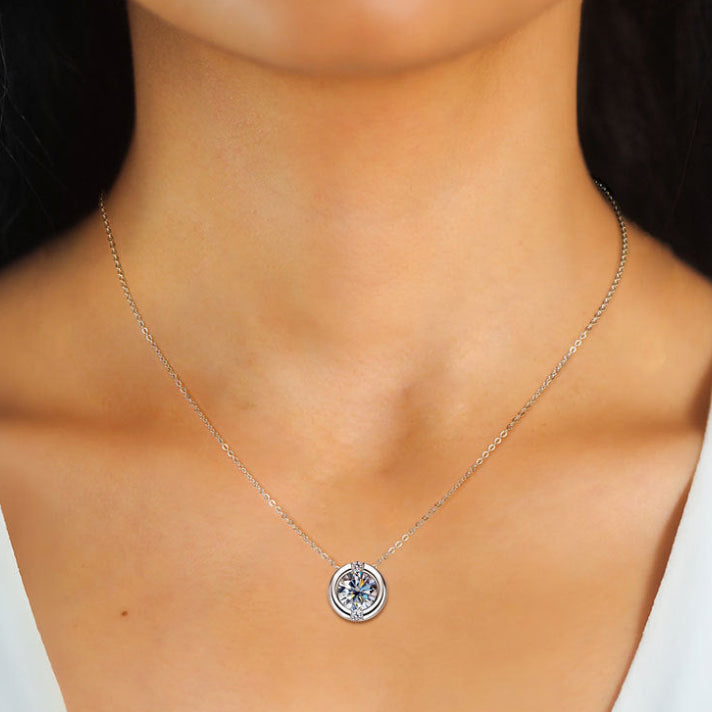 European Round 1 Carat Moissanite Diamond Pendant set in 18K White Gold Plated 925 Silver (GRA)