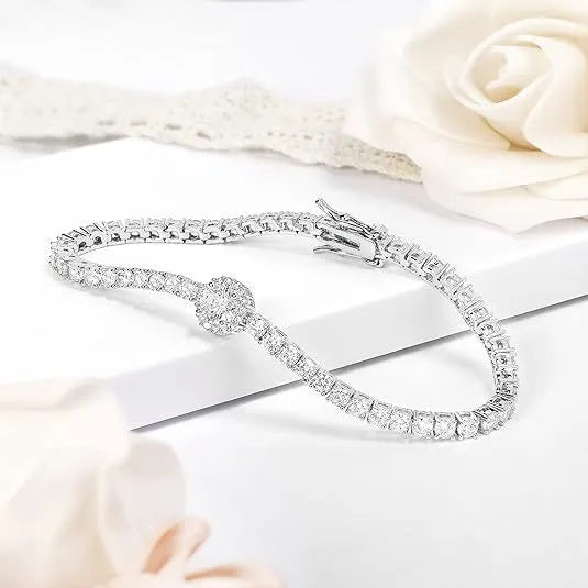 French Tennis Bracelet set in Full Pave (3mm) Natural Zircon Gemstones 18K White Gold Plating Capella Jewellery