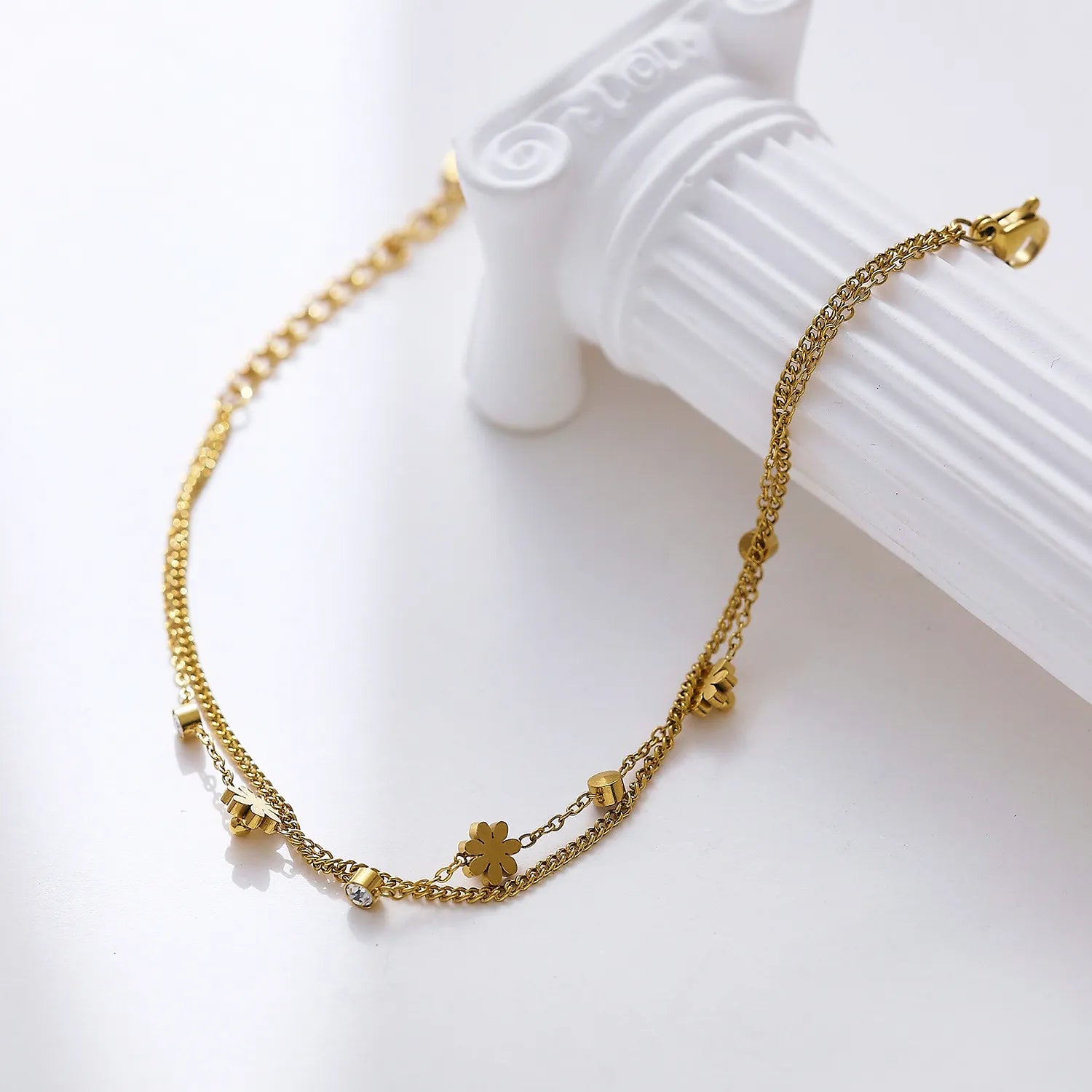 French Chic Design (3 mm) Natural Zircon and Flower Charms Bracelet set in 18K Gold Plating