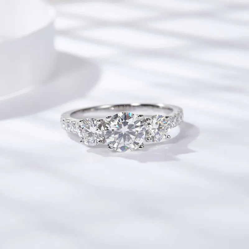 French Three Stone Micro Pavé Sides 1.8 Carat Moissanite Ring set in Platinum Plated 925 Silver (GRA) Capella Jewellery
