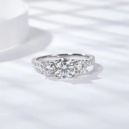 French Three Stone Micro Pavé Sides 1.8 Carat Moissanite Ring set in Platinum Plated 925 Silver (GRA) Capella Jewellery