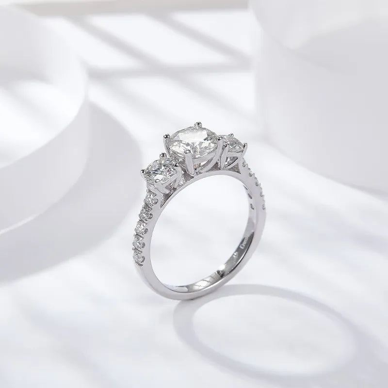 French Three Row Pave Side 1.8 Carat Moissanite Diamond Ring set in Platinum Plated 925 Silver (GRA)