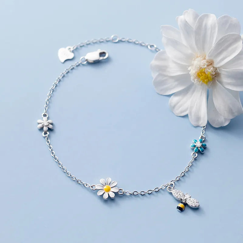 Beautiful French Sweet Summer Flowers & Bees Rhinestone Bracelet set in 18K Gold Plated 925 Silver Capella Jewellery