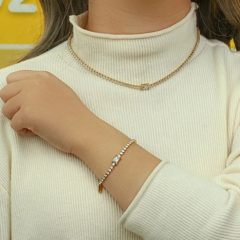 Square French Natural Zircon Gemstone Tennis Chain Bracelet/Necklace set in 18K Gold Plating Capella Jewellery