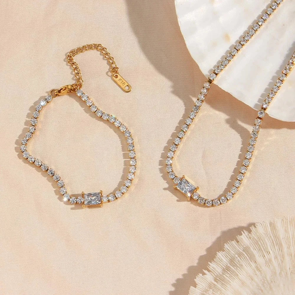 Square French Natural Zircon Gemstone Tennis Chain Bracelet/Necklace set in 18K Gold Plating Capella Jewellery