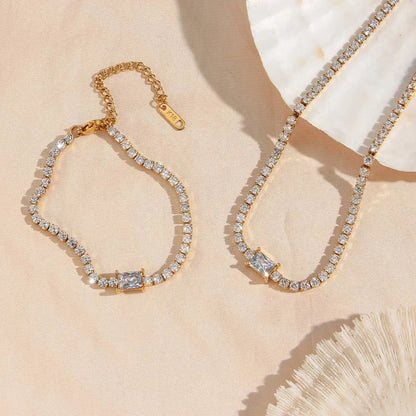 Square French Natural Zircon Gemstone Tennis Chain Bracelet/Necklace set in 18K Gold Plating Capella Jewellery