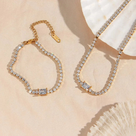 Square French Natural Zircon Gemstone Tennis Chain Bracelet/Necklace set in 18K Gold Plating