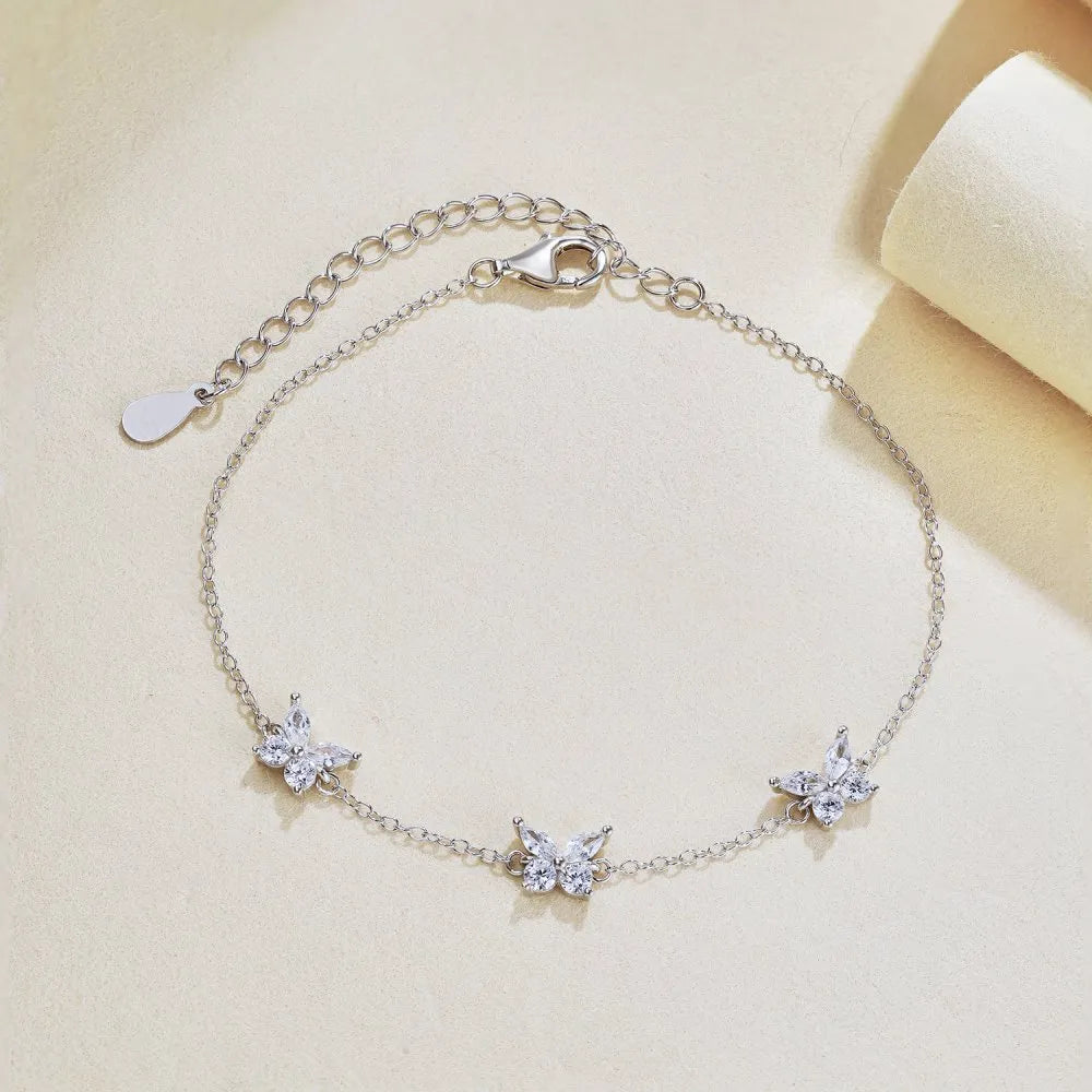 Three Delicate Butterfly Natural Zircon Gemstone Bracelet set in 18K White Gold Plated 925 Silver Capella Jewellery